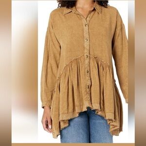 Tru Luxe Jeans Washed Camel Tan Button-Front Tunic